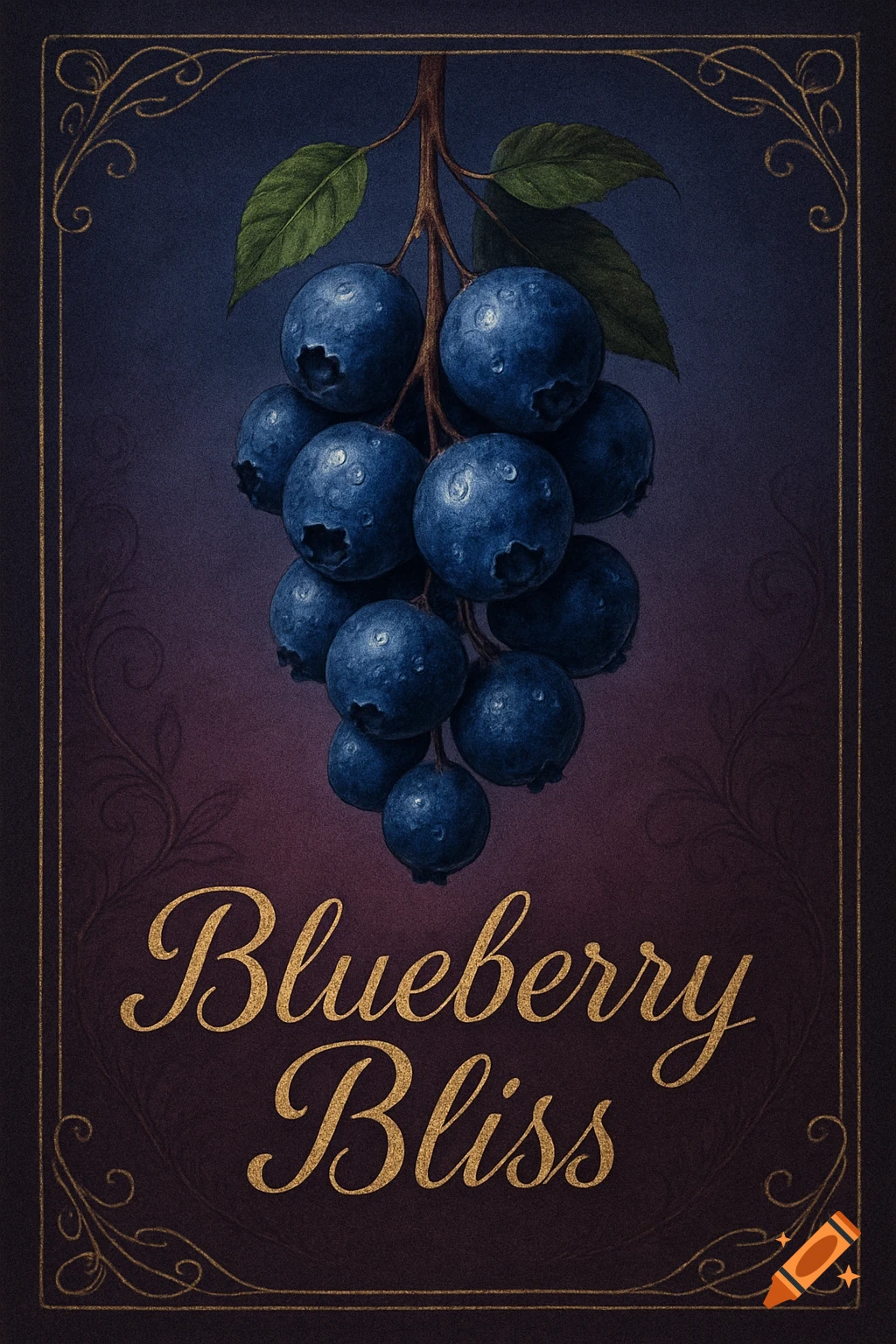A stylized illustration of a cluster of blueberries with leaves on a vine, on a dark gradient background with a gold border. Text reads "Blueberry Bliss".