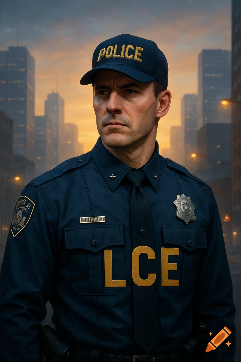 A photorealistic portrait of a stern-faced man in a navy blue police uniform and cap with "POLICE" on it, and "LCE" on his chest, standing in a city at sunset.