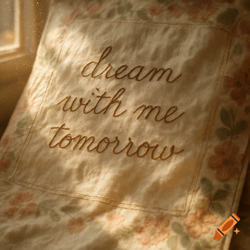 Embroidered text "dream with me tomorrow" on a vintage floral fabric in warm light, with dust motes.