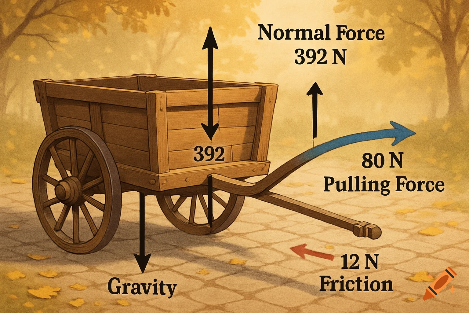 An illustration showing a wooden wagon on a path with forces labeled: Normal Force (392 N), Gravity (392 N), Pulling Force (80 N), and Friction (12 N).