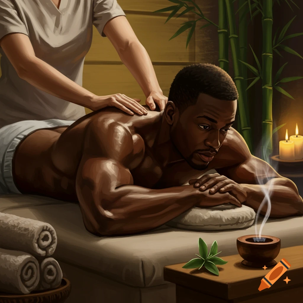 Illustrated man getting a back massage in a dimly lit spa with candles, incense, and bamboo.