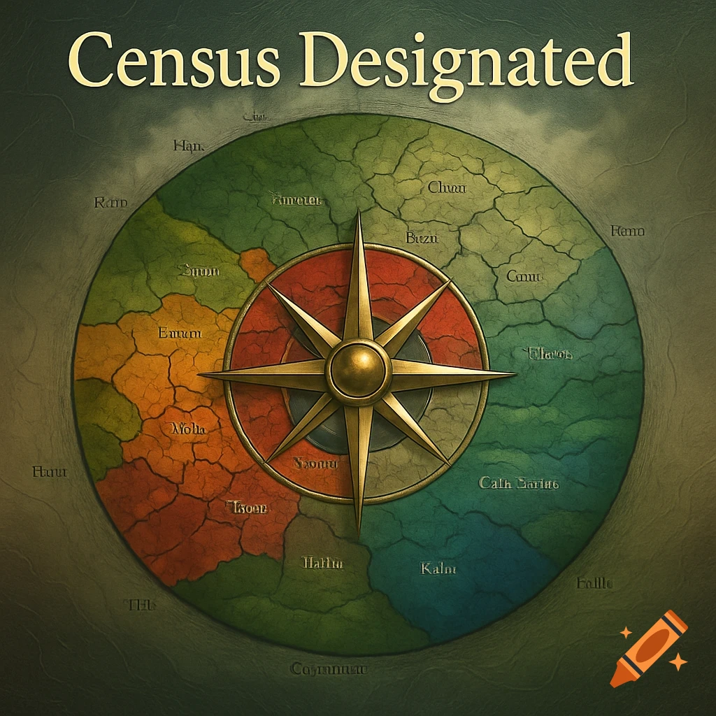 A stylized album cover titled 'Census Designated' features a compass over a circular map divided into colored regions with illegible text labels.