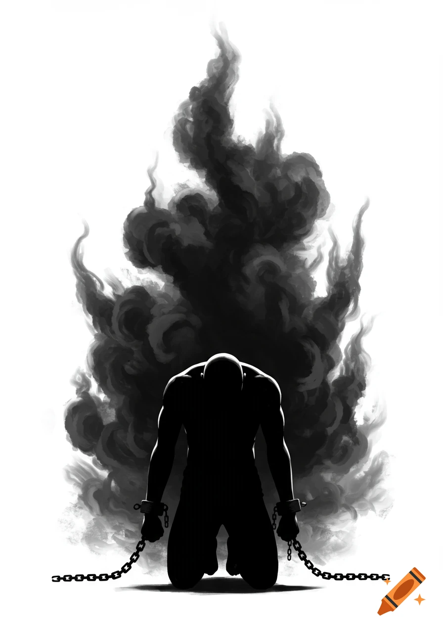 Black silhouette of a chained man kneeling against a backdrop of dark, swirling smoke on a white background.