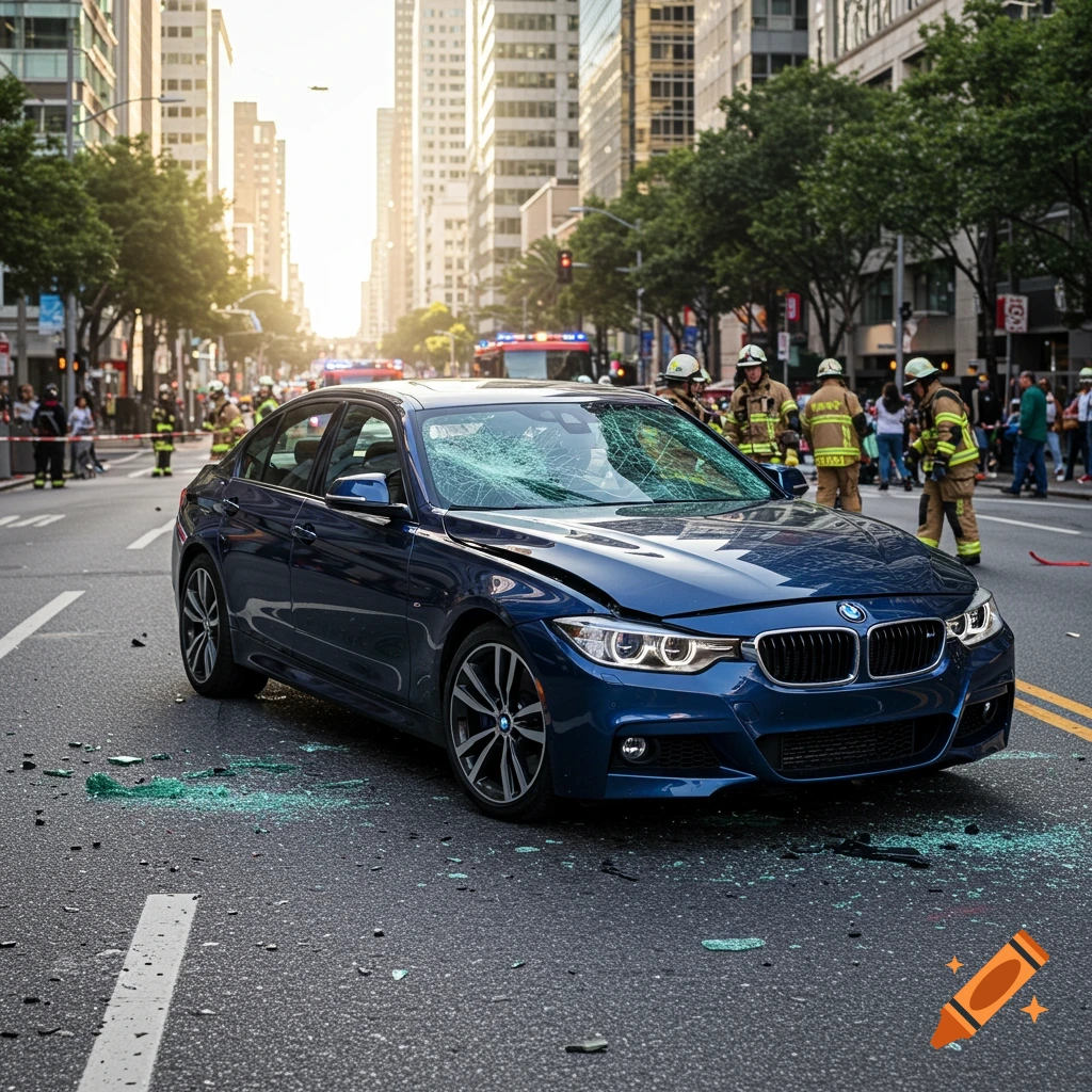 A blue BMW with a shattered windshield sits on a city street, surrounded by glass debris, with firefighters in the background at an accident scene.