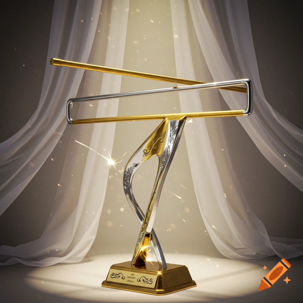 A gold and silver trophy with an abstract, intertwining base and a rectangular top bar, standing on a glowing pedestal in front of sheer white curtains.