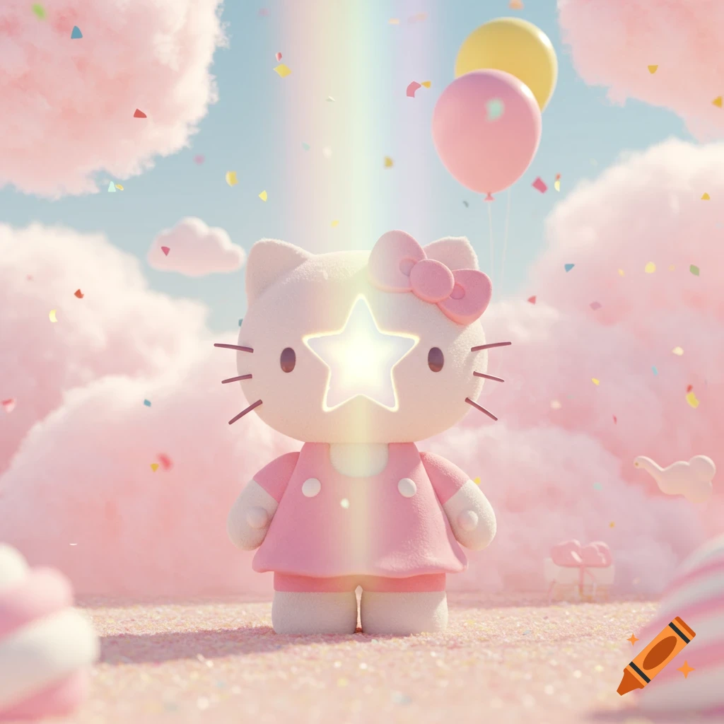 A Hello Kitty figure with a glowing star-shaped hole on its face, surrounded by pink cotton candy clouds, balloons, and confetti in a whimsical, pastel setting.