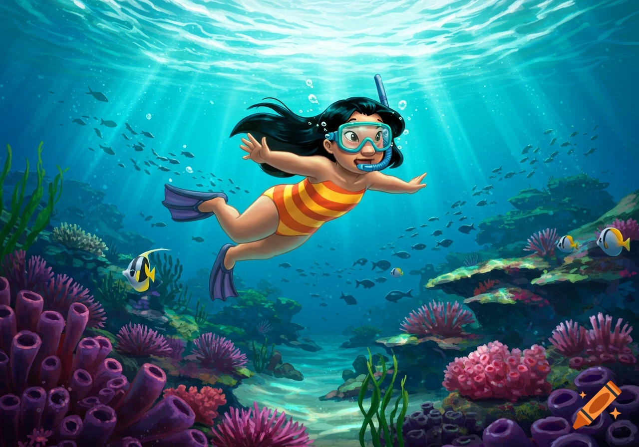 Cartoon girl with dark hair, orange and yellow striped swimsuit, and blue goggles swims underwater among colorful coral and fish, with sun rays from above.