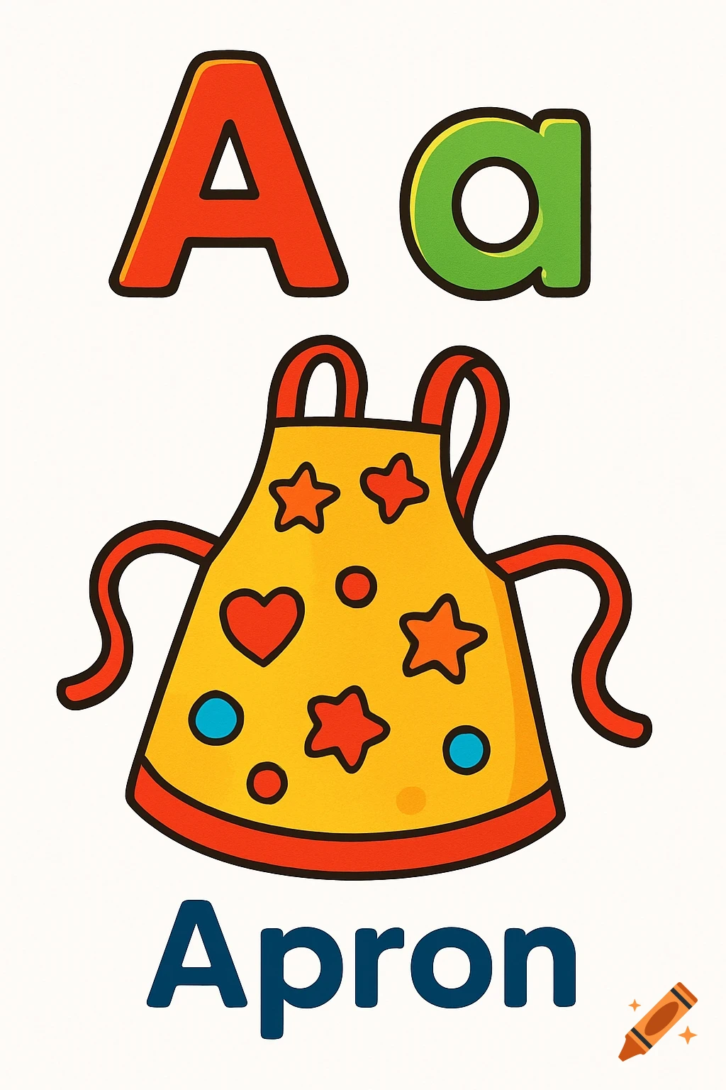 Cartoon illustration for kids showing a big red 'A', a small green 'a', a yellow apron with red and blue decorations, and the word 'Apron'.