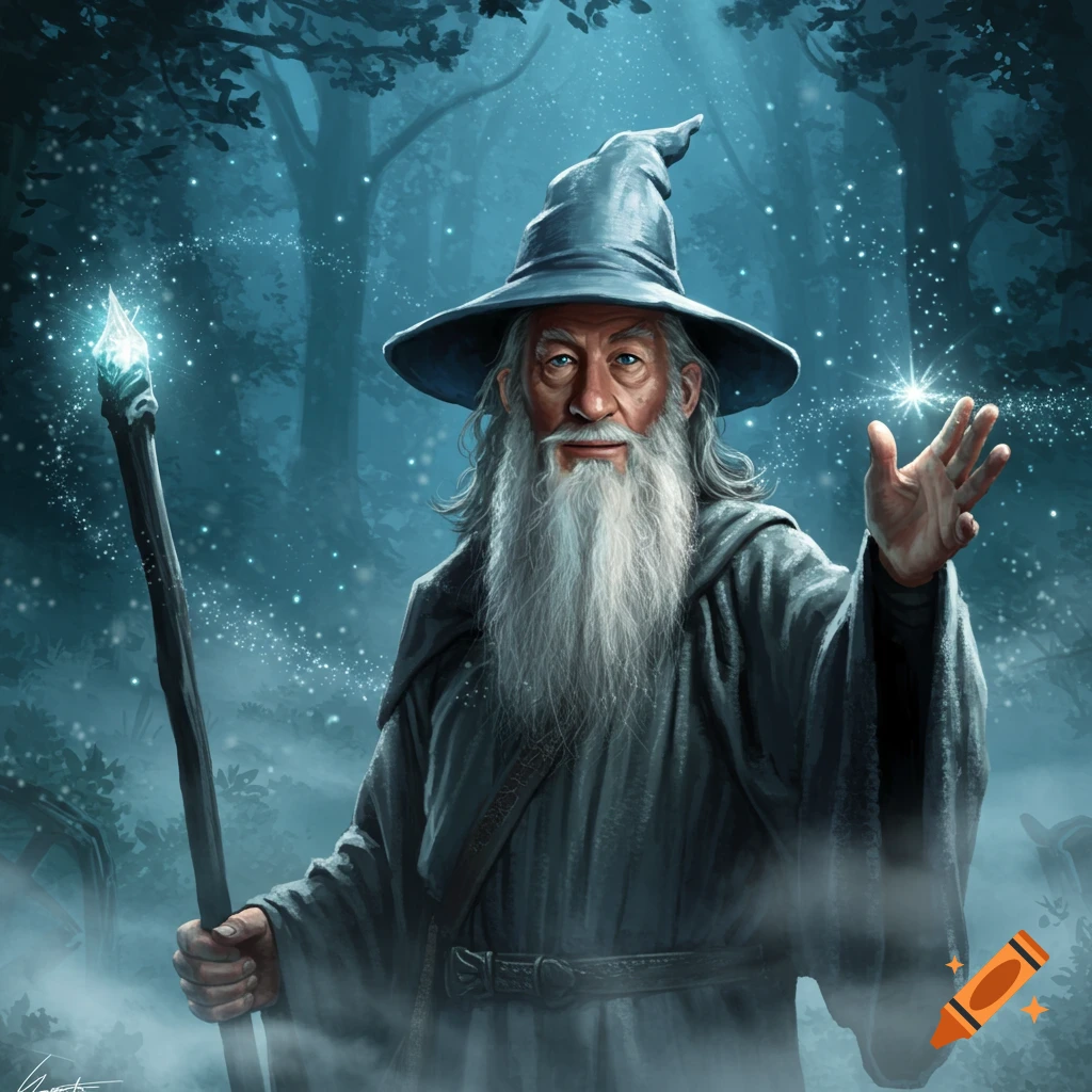 A wizard with a long white beard, wearing a pointed hat and holding a glowing staff, stands in a mystical blue forest, creating sparks of light.