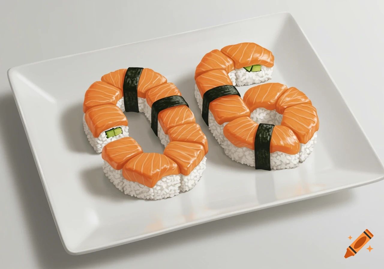 Sushi pieces arranged on a white plate to form the numbers '06'.