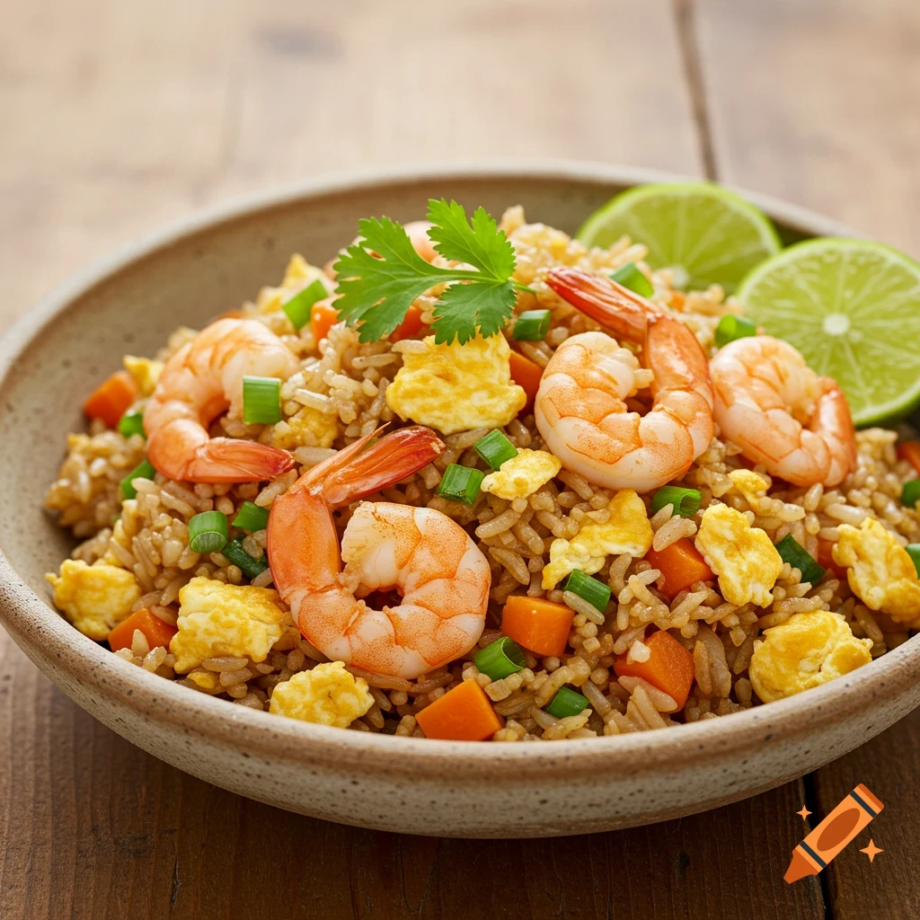 A close-up of shrimp fried rice with egg, carrots, scallions, cilantro, and lime wedges in a bowl on a wooden table.