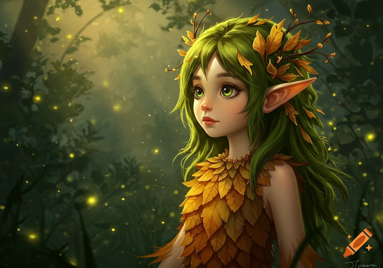 Digital art of a green-haired pixie girl with pointy ears and a leaf dress in a magical forest with fireflies.