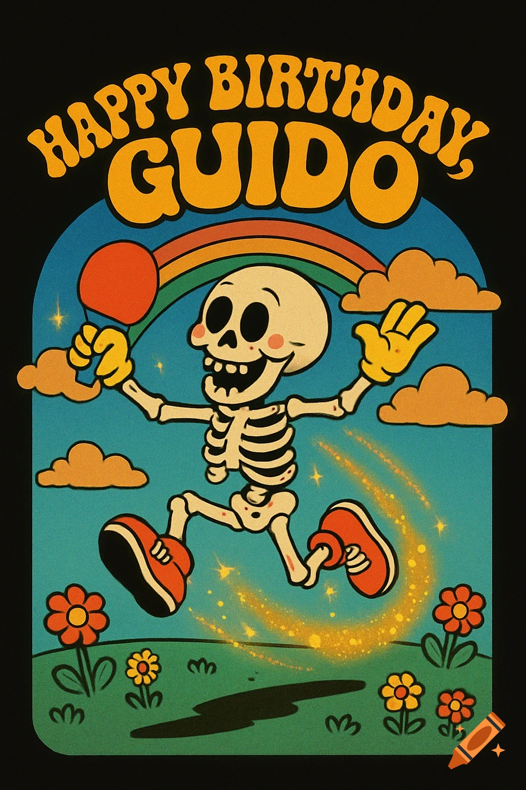 Retro illustration of a cheerful skeleton with rosy cheeks, yellow gloves, a ping-pong paddle, red sneakers, leaping over a sparkling meadow under a rainbow. Text: 'Happy Birthday Guido'.