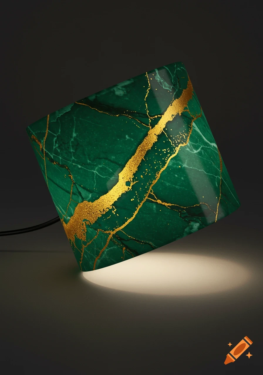 A cube-shaped lampshade with a green marble texture and golden veins, casting a warm light onto a dark surface.