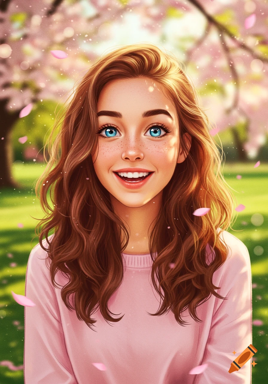 Digital art portrait of a smiling girl with blue eyes and freckles, surrounded by pink cherry blossoms in a sunny park.