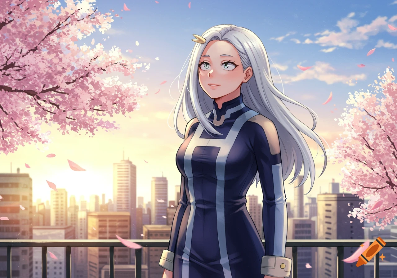 An older anime girl with long silver hair in a dark blue and white uniform stands on a balcony overlooking a city at sunset, surrounded by pink cherry blossoms.
