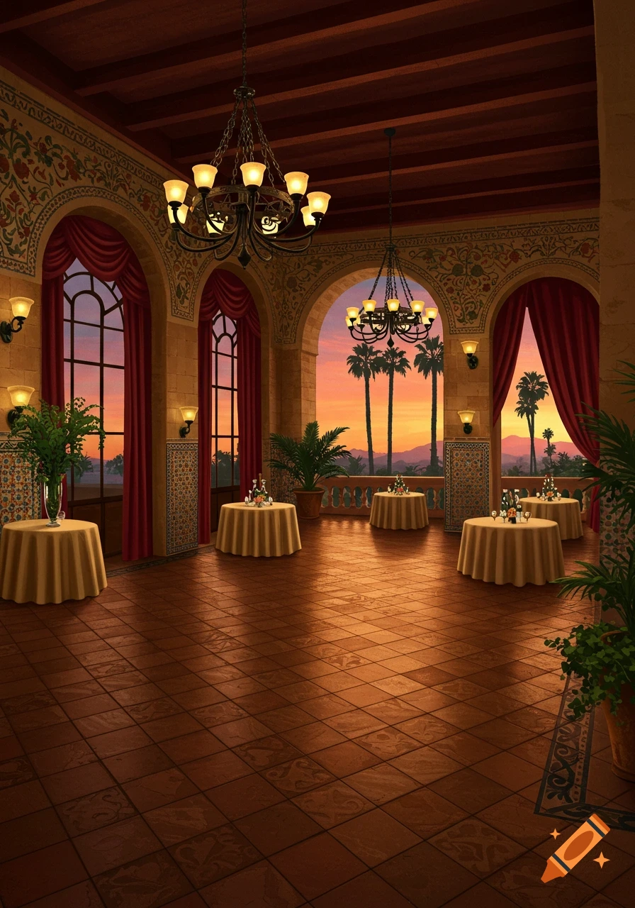 Illustrative concept art of a mission revival style hotel ballroom at sunset, with arched windows, ornate chandeliers, and tables set with drinks.