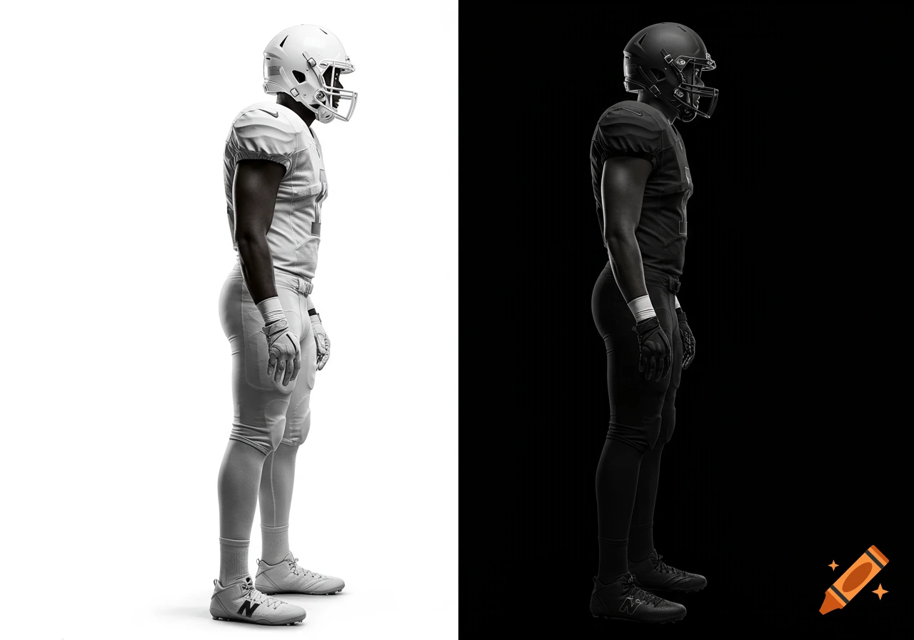 Side view of two identical American football players in black and white uniforms, standing upright on split black and white backgrounds.