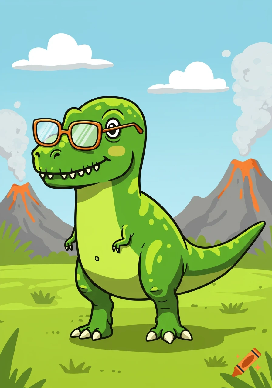 A happy green cartoon T-rex wearing orange-framed glasses stands in a grassy prehistoric landscape with smoking volcanoes and clouds.