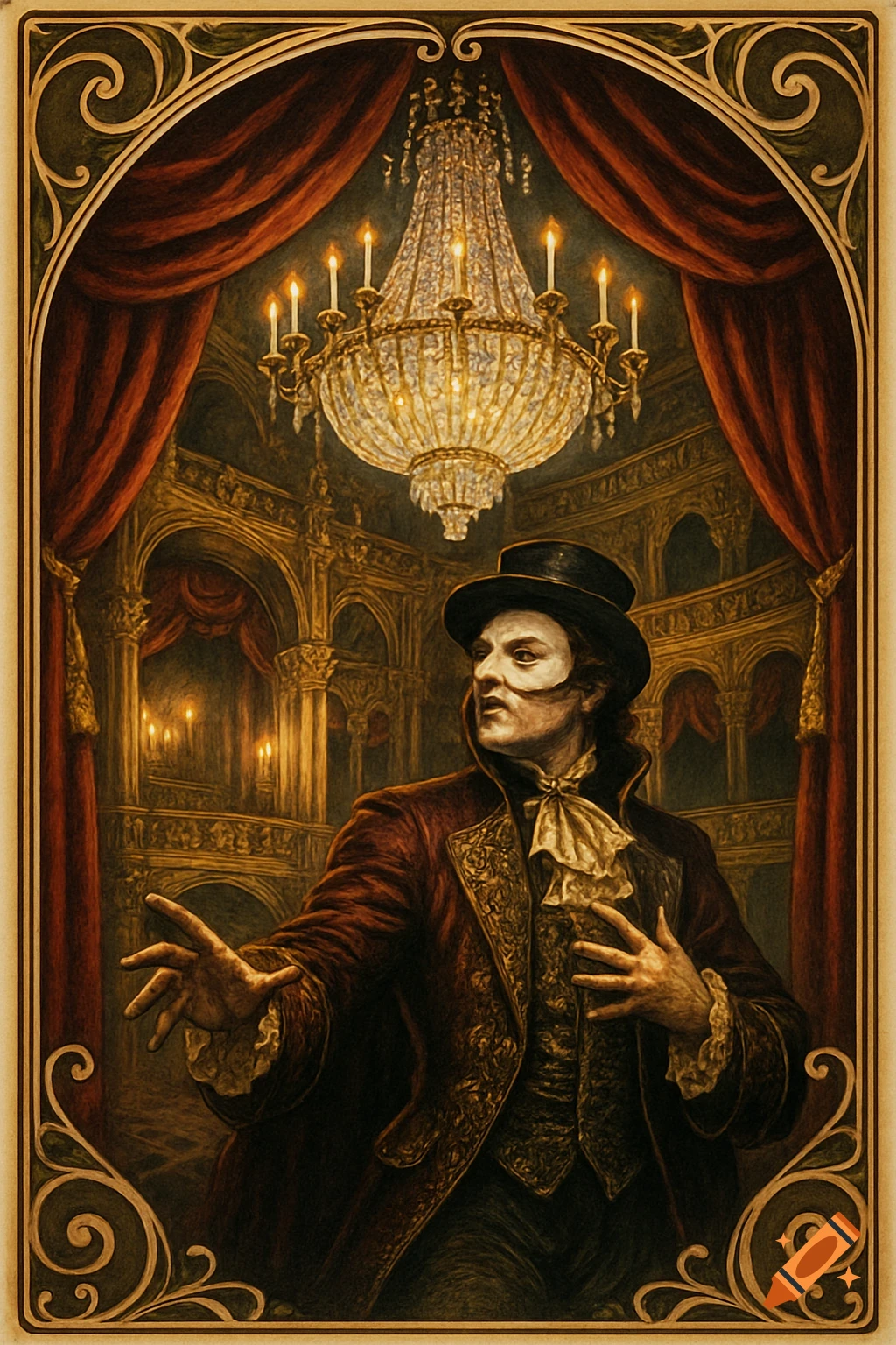 A masked man in a top hat and formal wear gestures dramatically in a grand opera house with a chandelier, in a dark, ornate illustration.