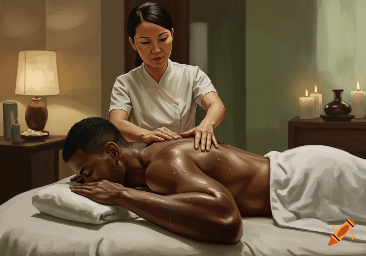 An Asian woman in a white uniform gives a back massage to a Black man in a dimly lit spa room with candles.