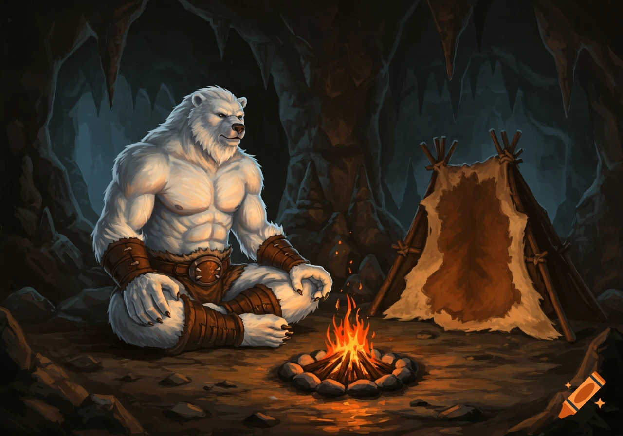 A muscular white werebear sits cross-legged by a roaring campfire in a dark cave, with a hide lean-to behind him.