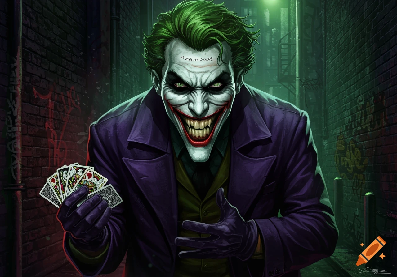 A sinister Joker with green hair, white face, and purple suit smiles widely, holding playing cards in a dark, graffiti-covered alley.