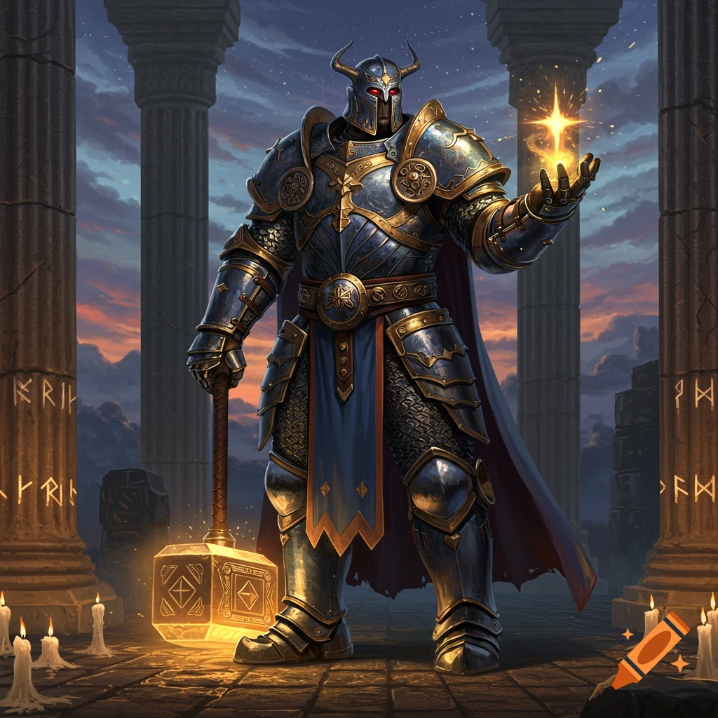 An armored warrior resembling a cleric, holding a glowing hammer and a glowing orb, stands amidst ancient columns at dusk.