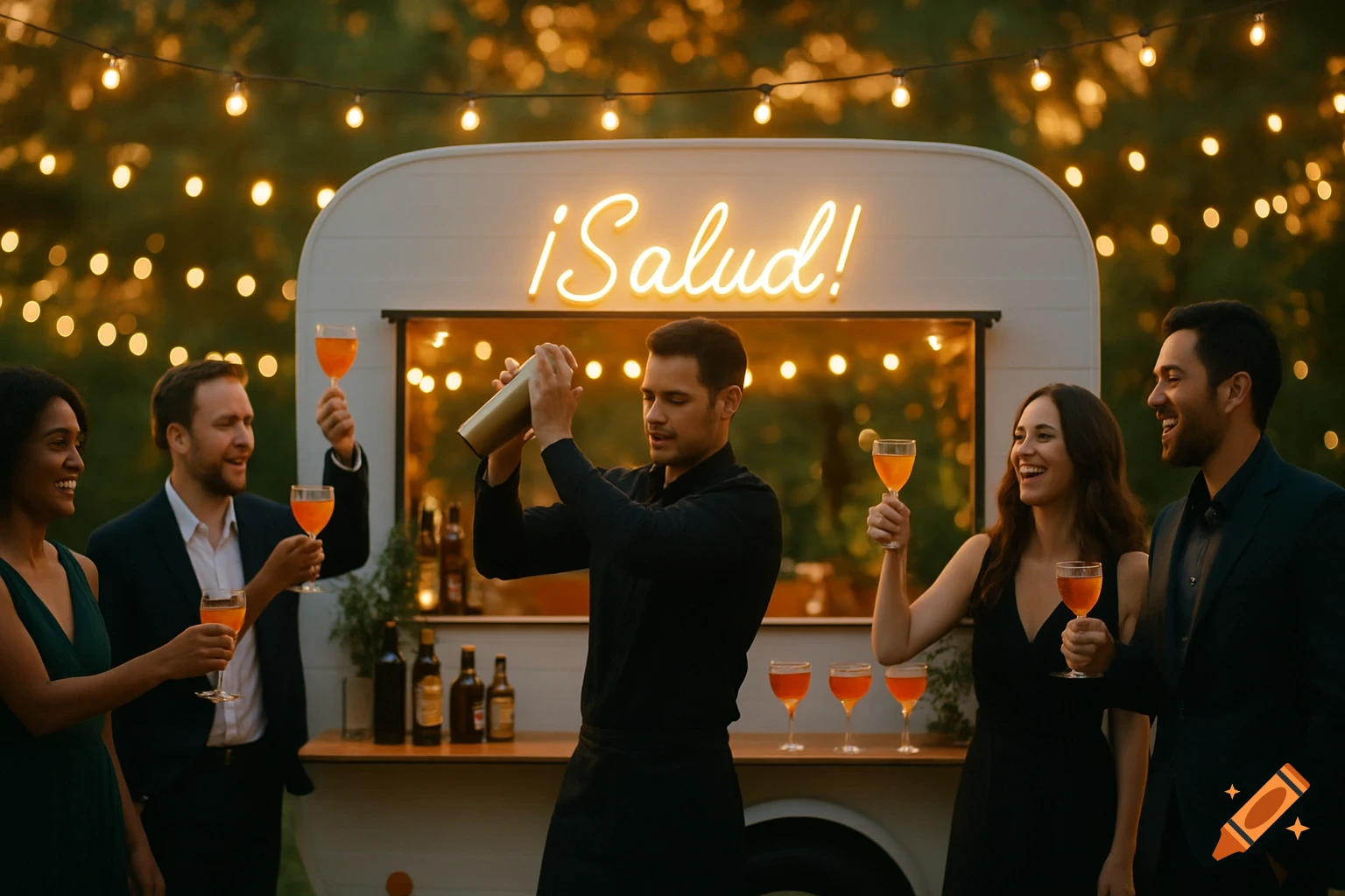A bartender shakes a cocktail at a mobile bar named '\u00a1Salud!' as happy people toast with drinks at an outdoor golden hour party.