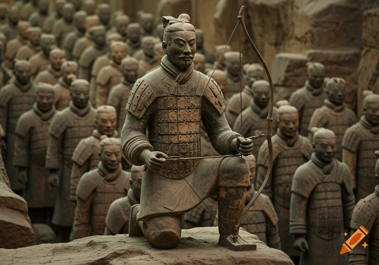 Photorealistic terracotta statue of a kneeling bowman with a bow, surrounded by a vast army of other terracotta soldiers.