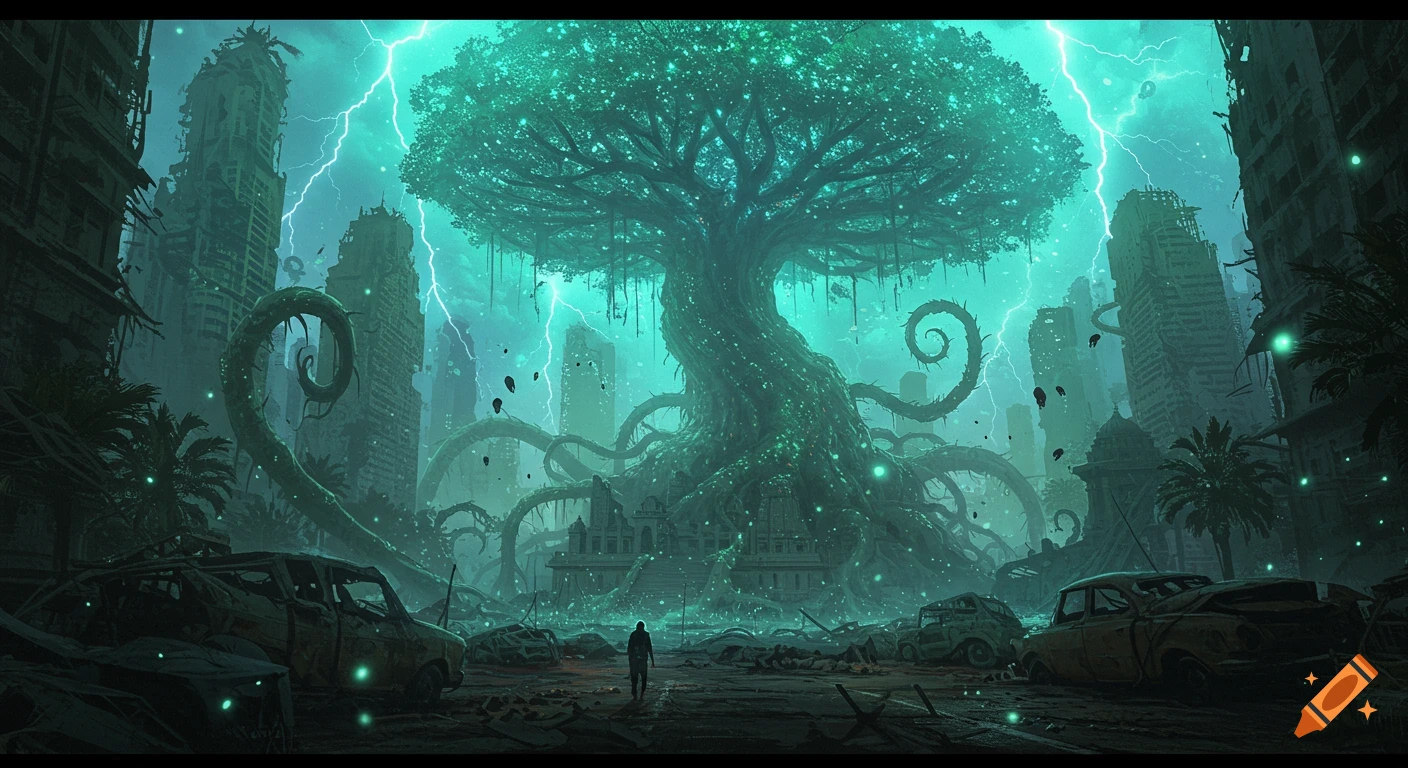 A lone figure walks through a devastated, mist-shrouded cityscape overgrown by a colossal, glowing green tree and alien tendrils under a lightning-filled, teal sky. Science fiction concept art.