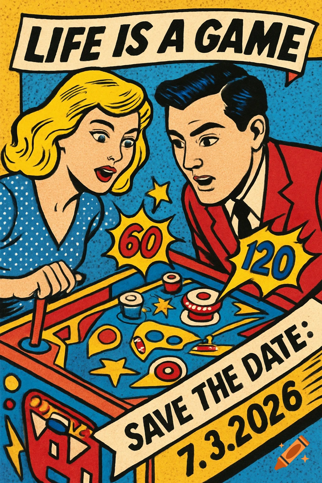 Comic art illustration in Roy Lichtenstein style of a blonde woman and a man playing pinball, with text 'Life is a Game' and 'Save the Date: 7.3.2026'.