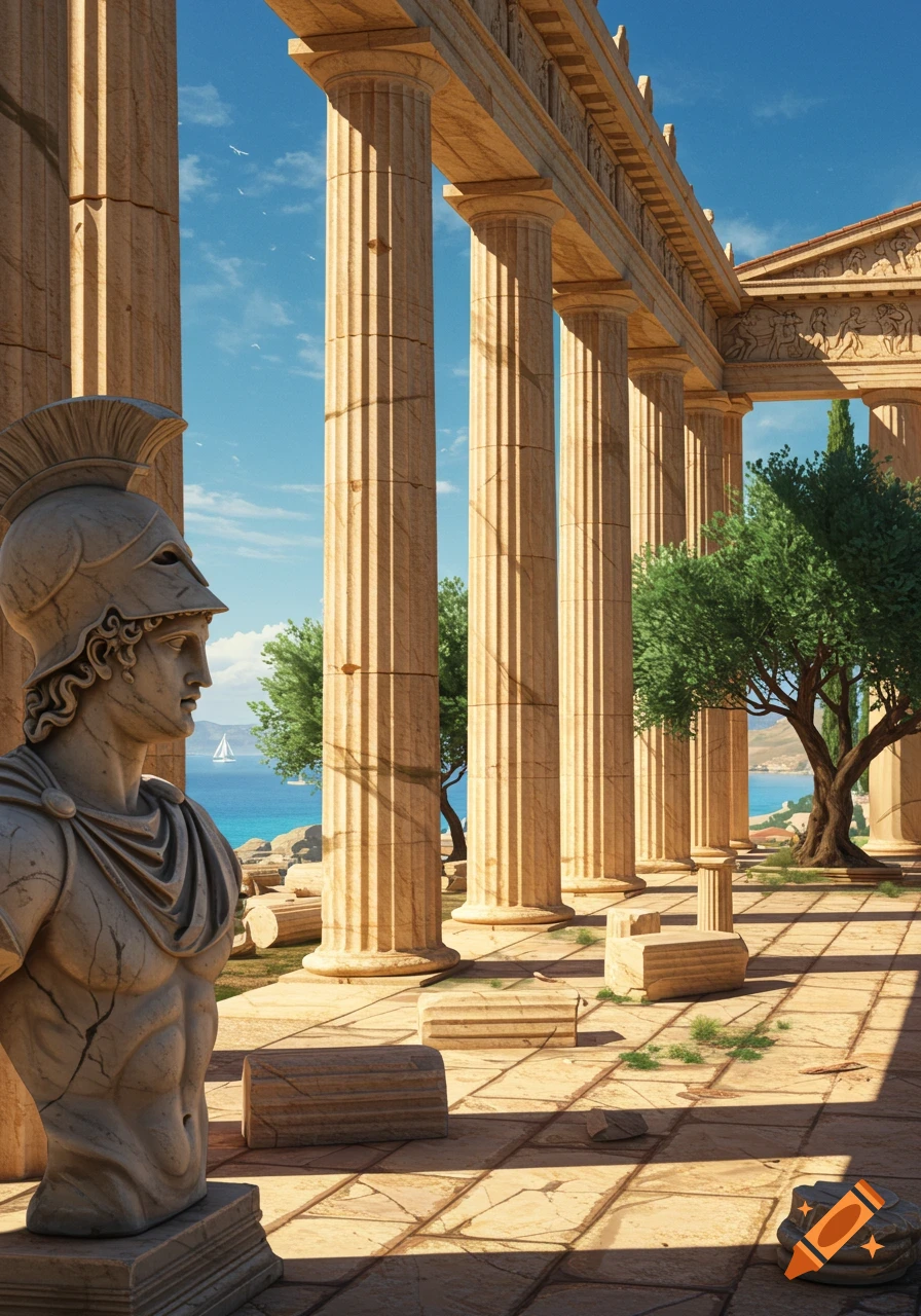 A weathered marble statue of a Greek warrior overlooks ancient temple ruins with tall columns, olive trees, and the sea under a blue sky.