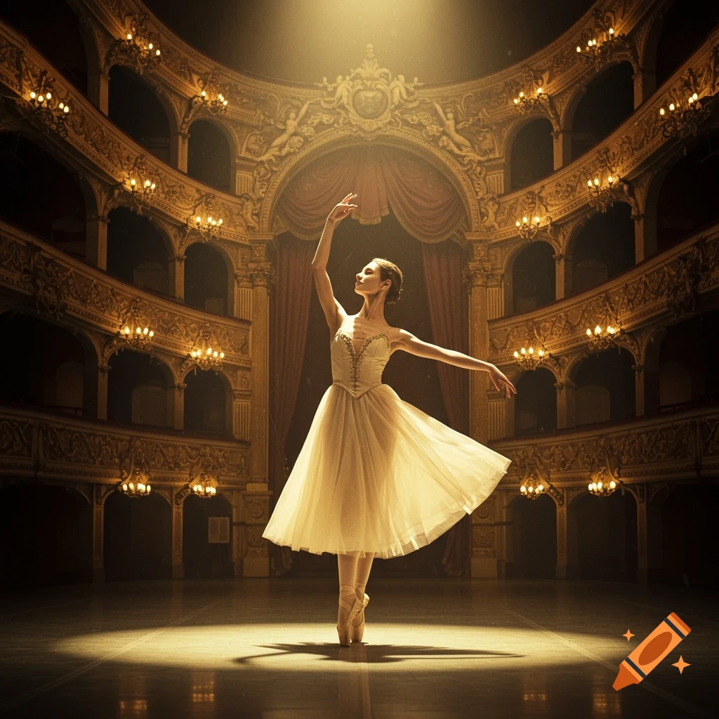 A graceful ballerina in a white tutu dances on pointe under a spotlight on an ornate theater stage.