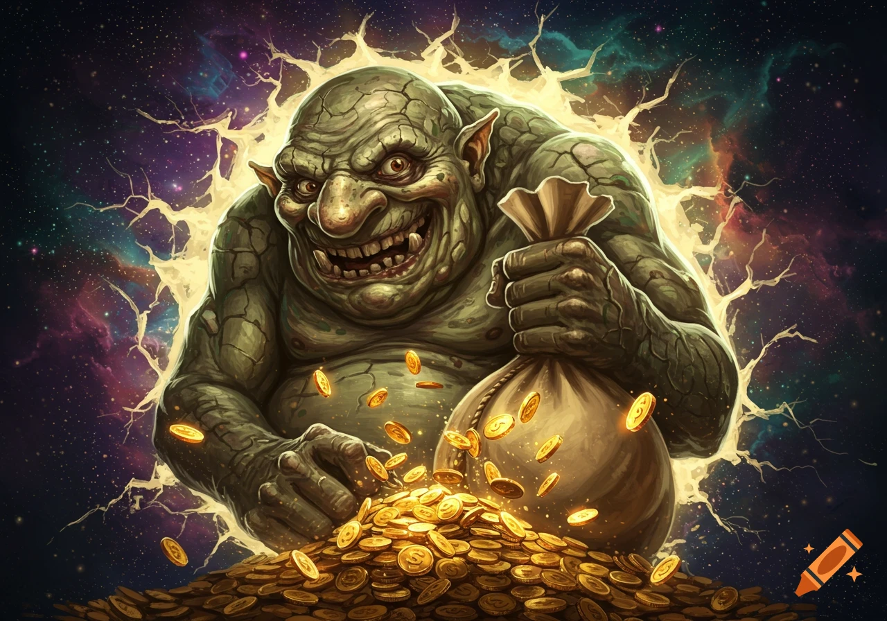 A grotesque green monster with a huge nose and beady eyes emerges from a cosmic tear, laughing greedily over a pile of gold coins.