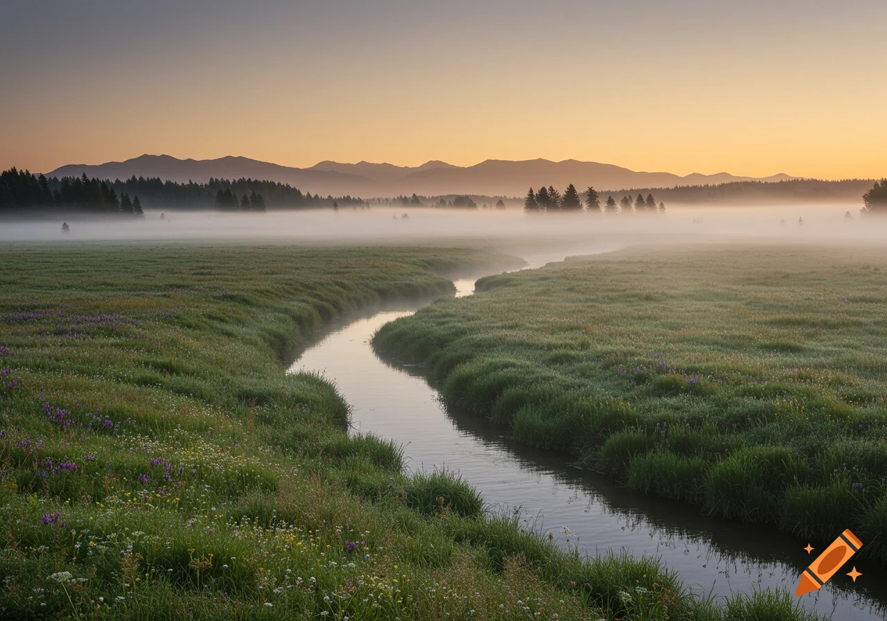 Photorealistic landscape of a winding river through a misty green meadow, with mountains under a sunrise sky.