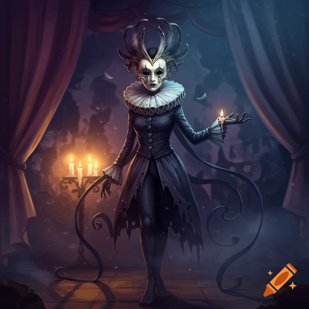 A mysterious masked figure in a dark, ruffled costume holds a glowing candle on a dimly lit stage with red curtains and candelabras, in a gothic fantasy style.