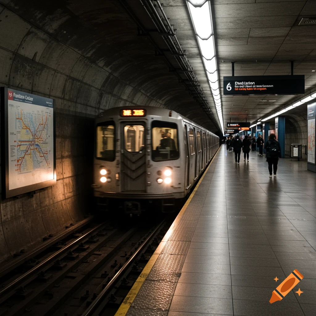 Photorealistic image of a subway train arriving at a dimly lit underground station platform, with commuters waiting.