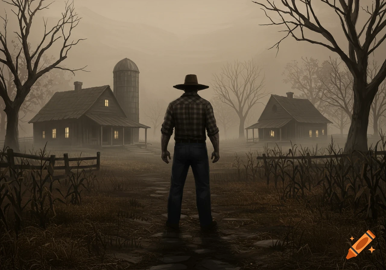 A muscular farmer stands with his back to the viewer in a foggy, creepy farm setting with old houses and bare trees.