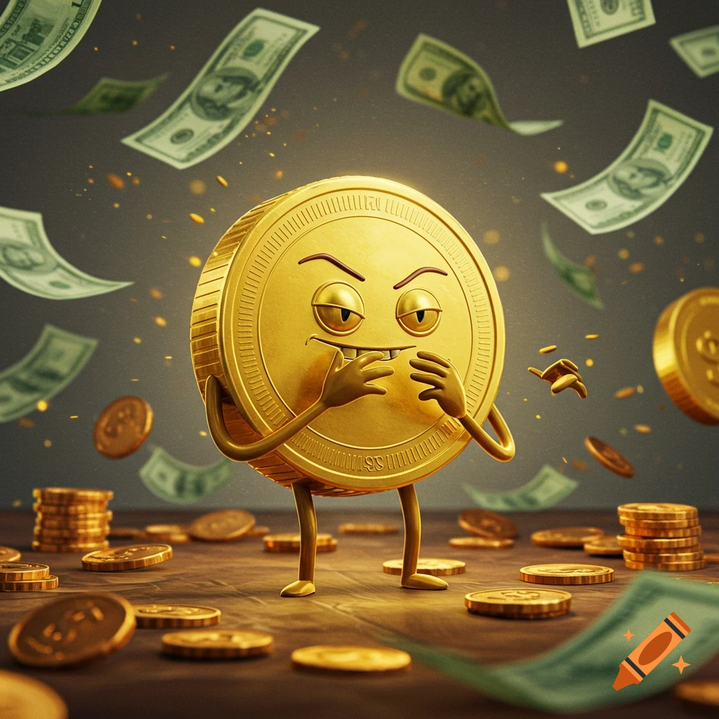 A cartoonish gold coin with a greedy expression, stick arms, and legs rubs its hands as dollar bills and coins fall around it.
