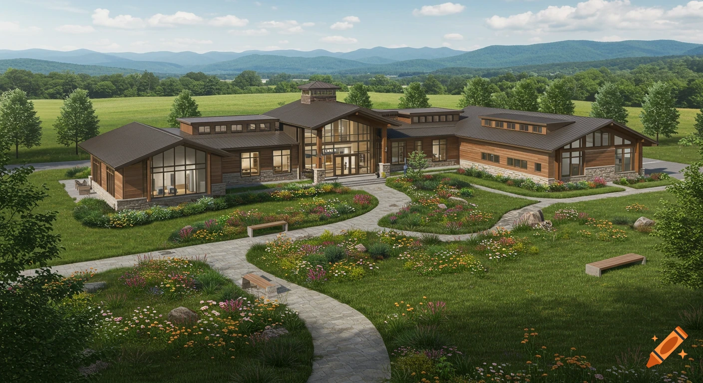 Photorealistic rendering of a modern wellness center building with extensive gardens, set against rolling green hills and mountains.