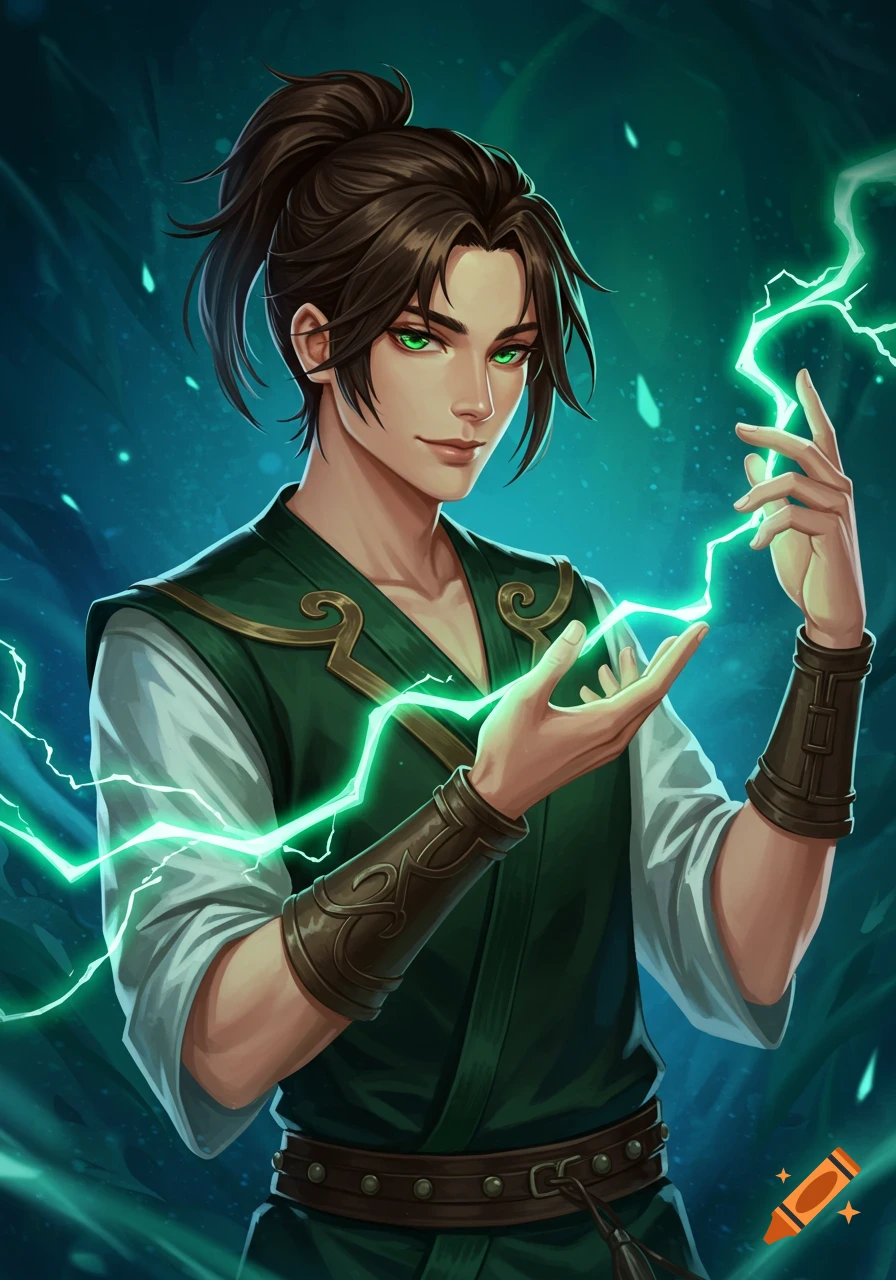 Manwha style illustration of a young man with dark hair and green eyes, smirking confidently as he manipulates green lightning.