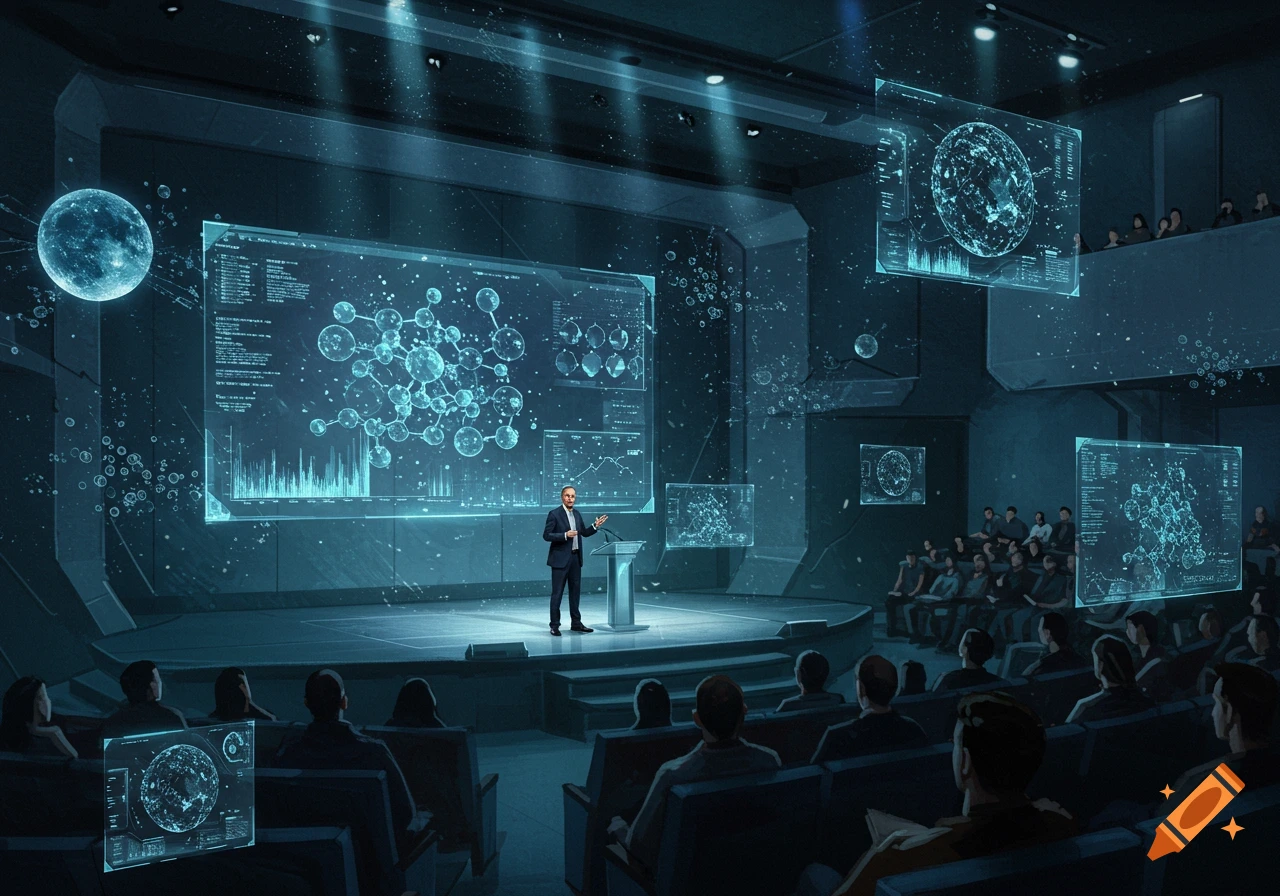 A man presents scientific data and molecular structures on holographic screens to an audience in a futuristic auditorium.