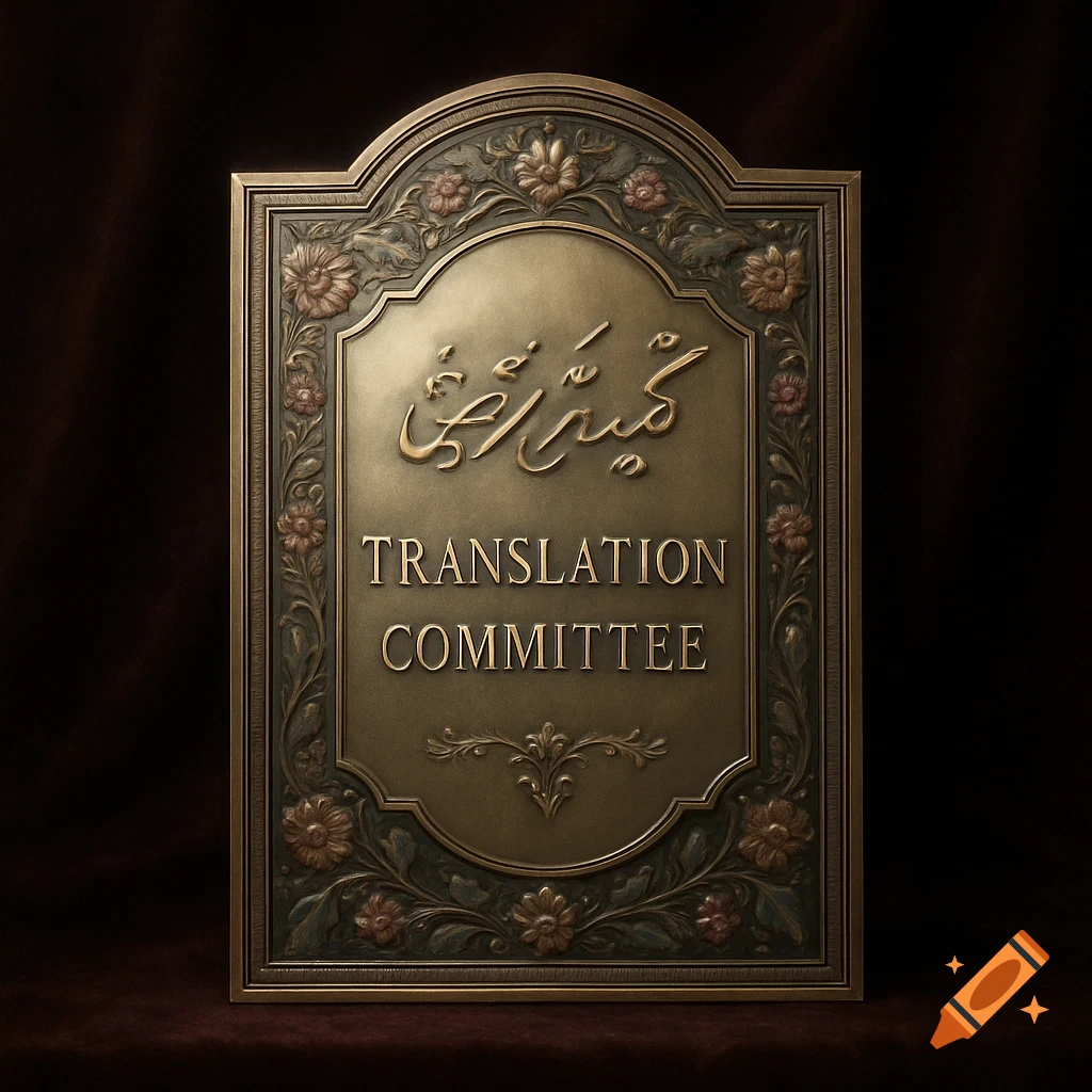 An ornate bronze plaque with 'Translation Committee' in English and Persian script, surrounded by floral carvings.