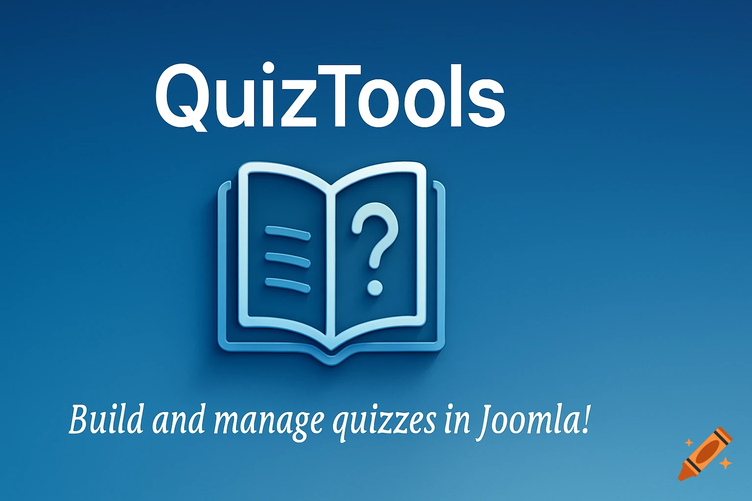 Blue banner with 'QuizTools' text, an open book icon with a question mark, and 'Build and manage quizzes in Joomla!'