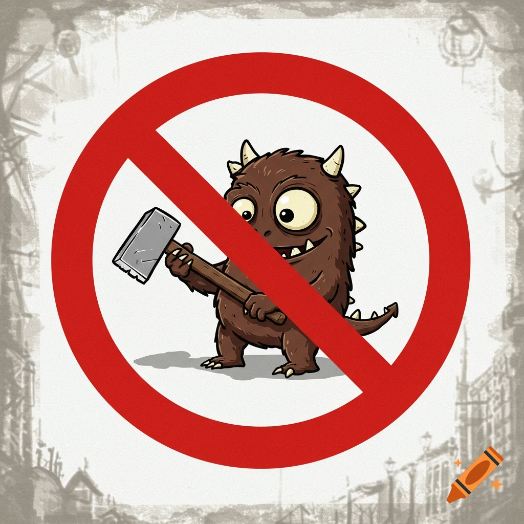 A cartoon brown monster with horns holding a hammer inside a red prohibition sign.