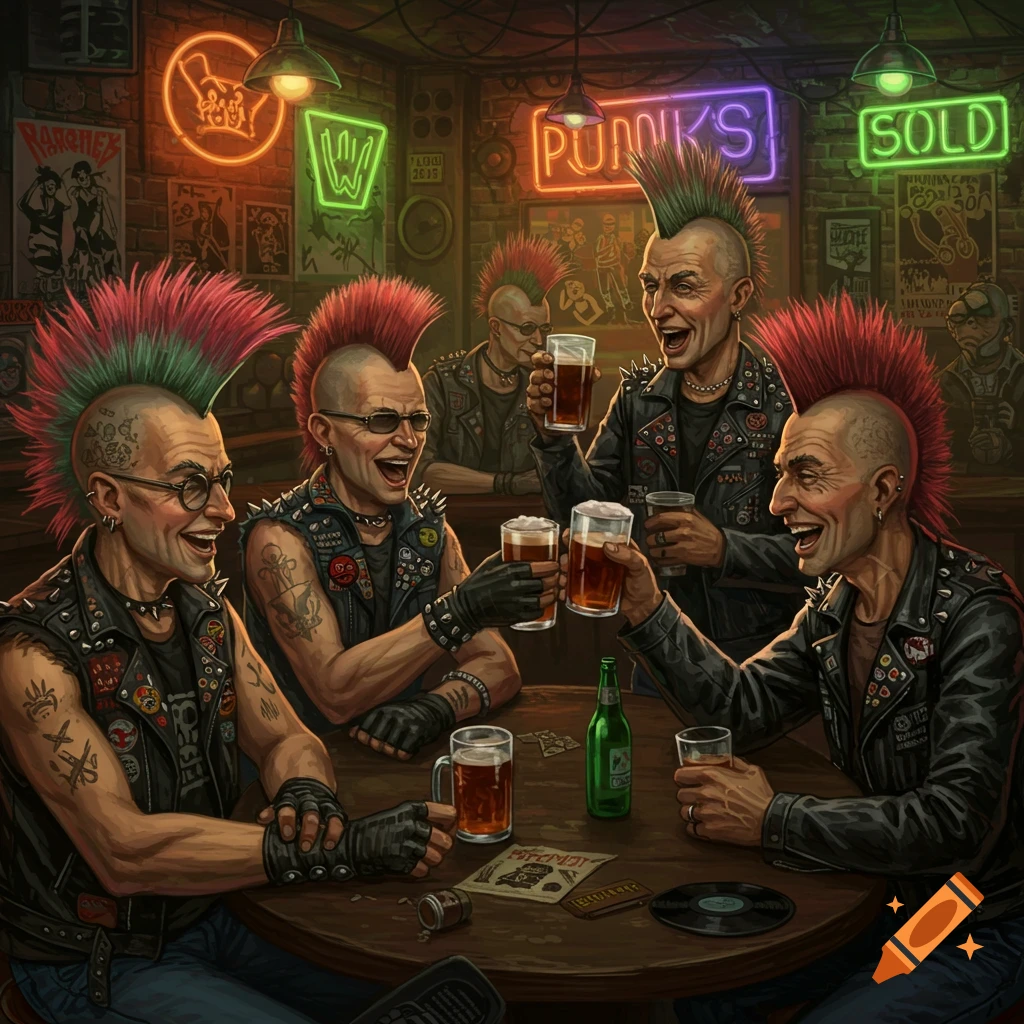 Stylized illustration of laughing older punk rockers with mohawks clinking beer glasses in a dimly lit bar with neon signs.
