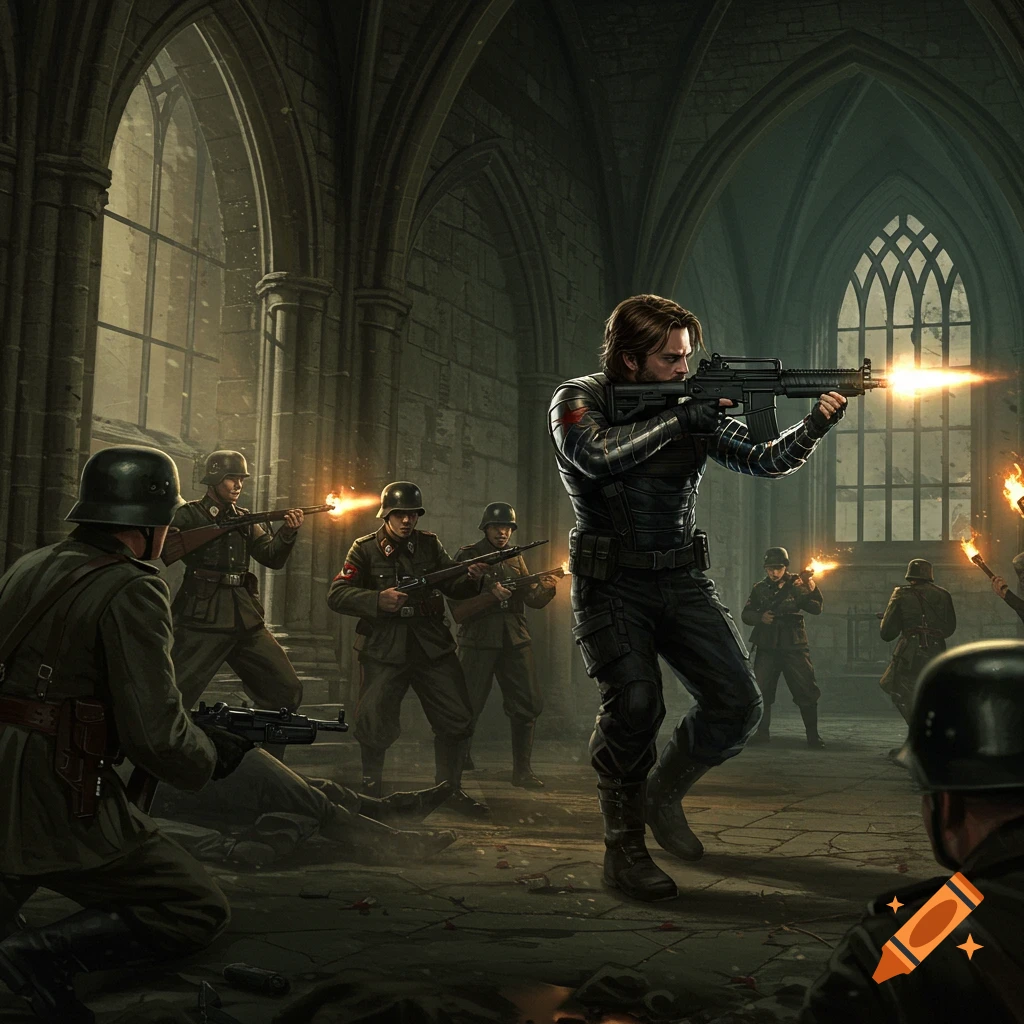 Bucky Barnes, the Winter Soldier, in a tactical suit, fires an assault rifle in a gothic castle amidst a battle with WWII-era soldiers.