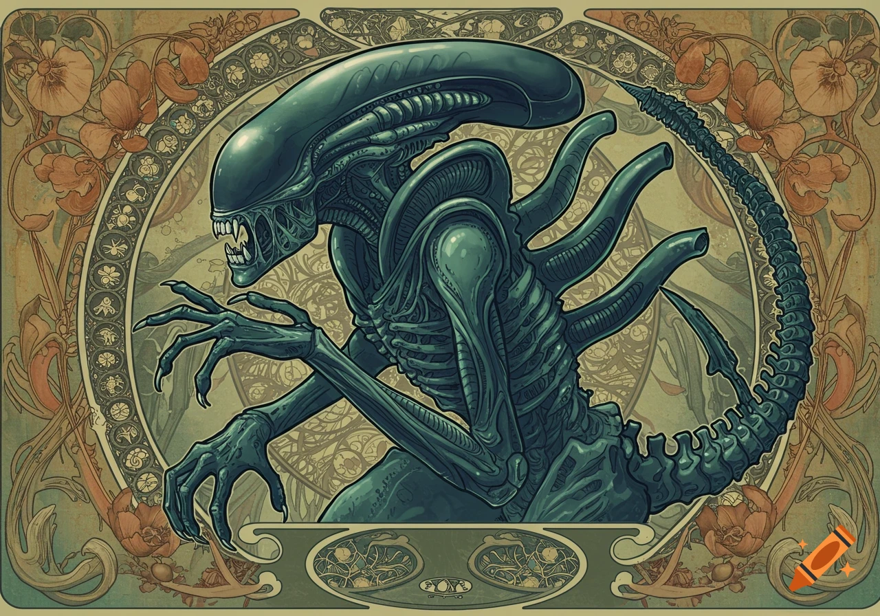 An Art Nouveau illustration of a Xenomorph creature with floral and organic framing.
