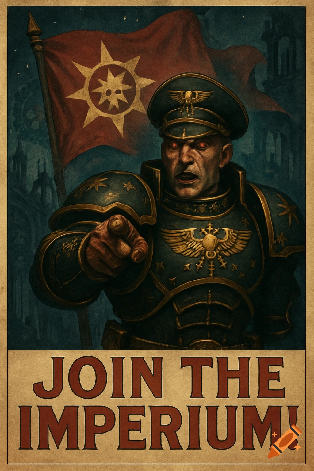 Retro propaganda poster of a stern, red-eyed Warhammer 40k Imperial officer in power armor pointing, with a red flag and 'JOIN THE IMPERIUM!' text.